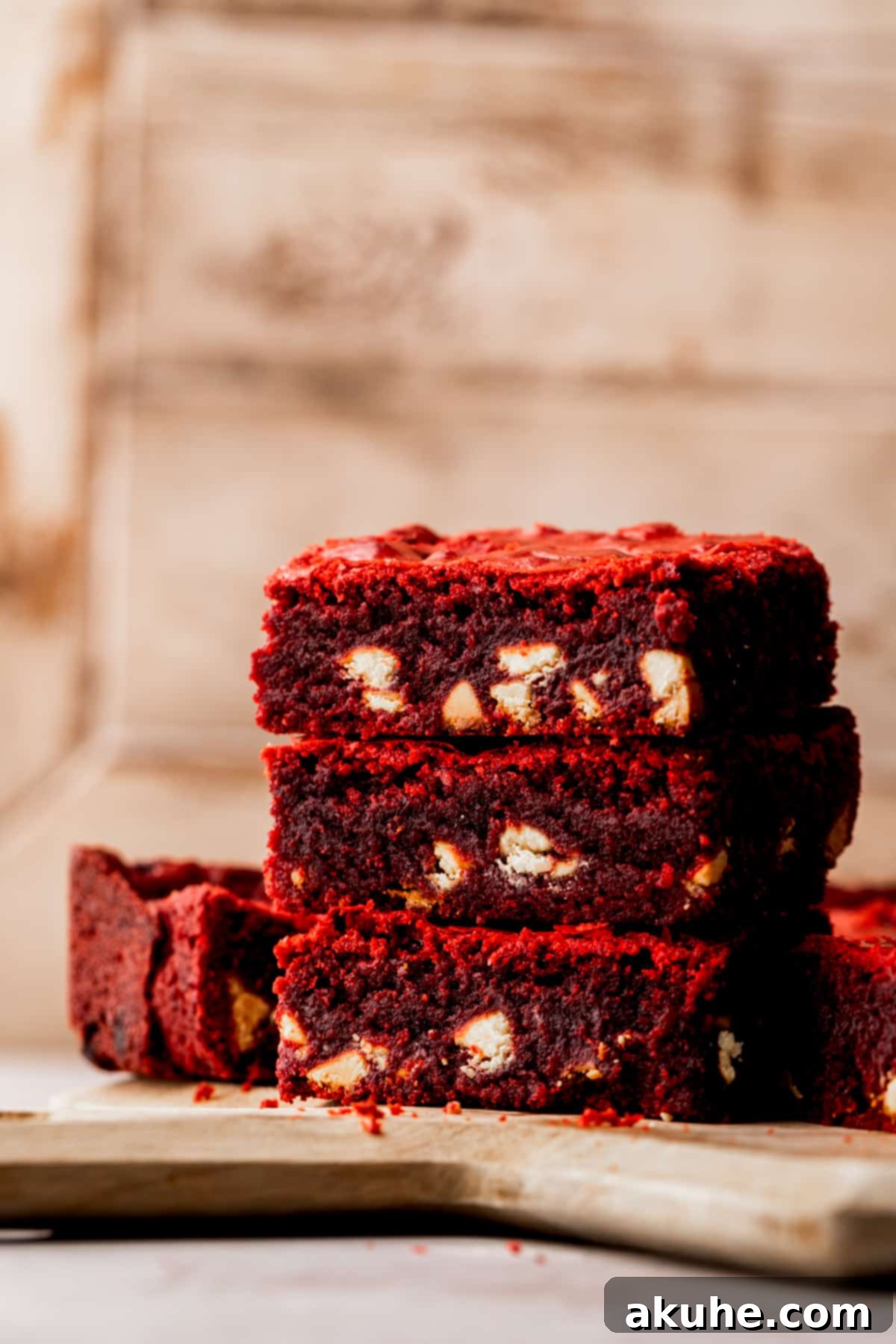Stack of 3 red velvet brownies.