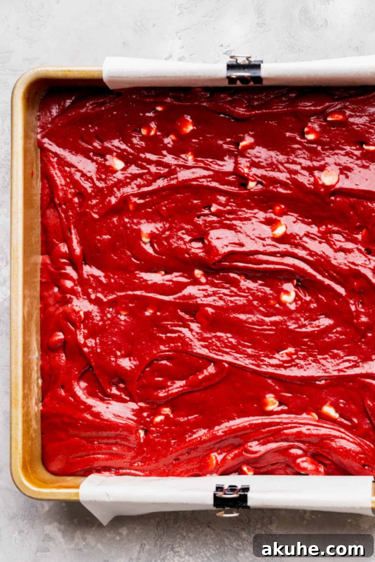Brownie batter in the pan.