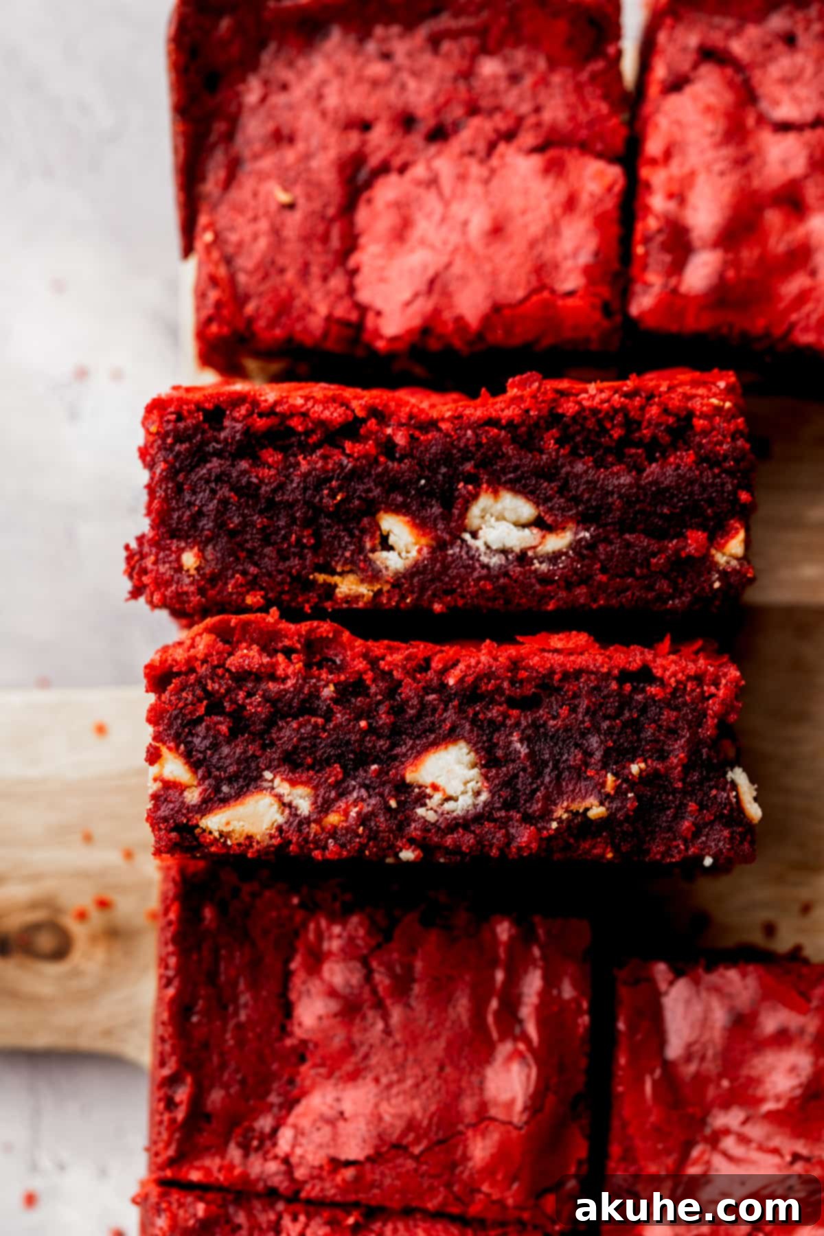 Two red velvet brownies on its side.