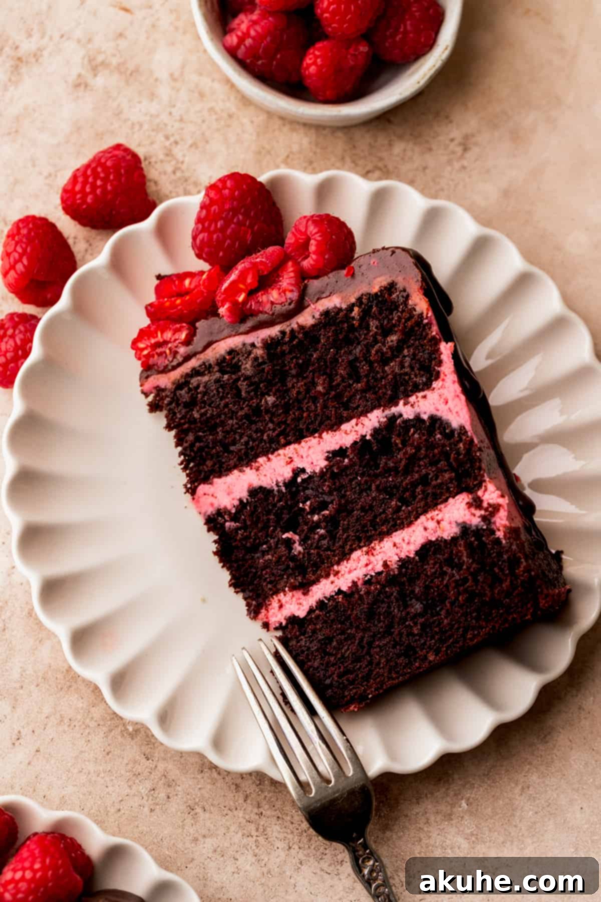 Decadent Chocolate Raspberry Delight 2 Chocolate raspberry cake slice on a plate.