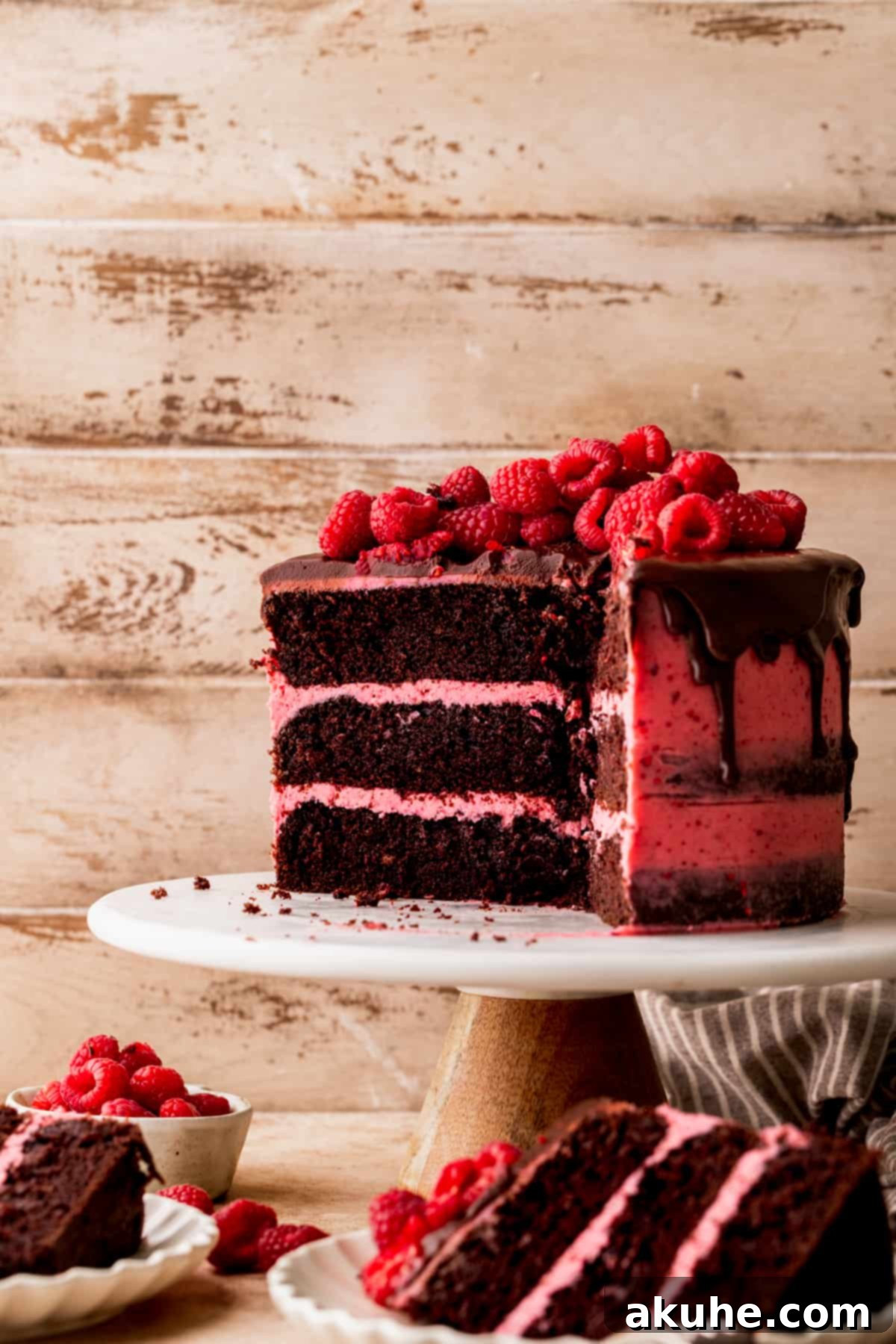 Decadent Chocolate Raspberry Delight 3 Chocolate raspberry cake cut in half.