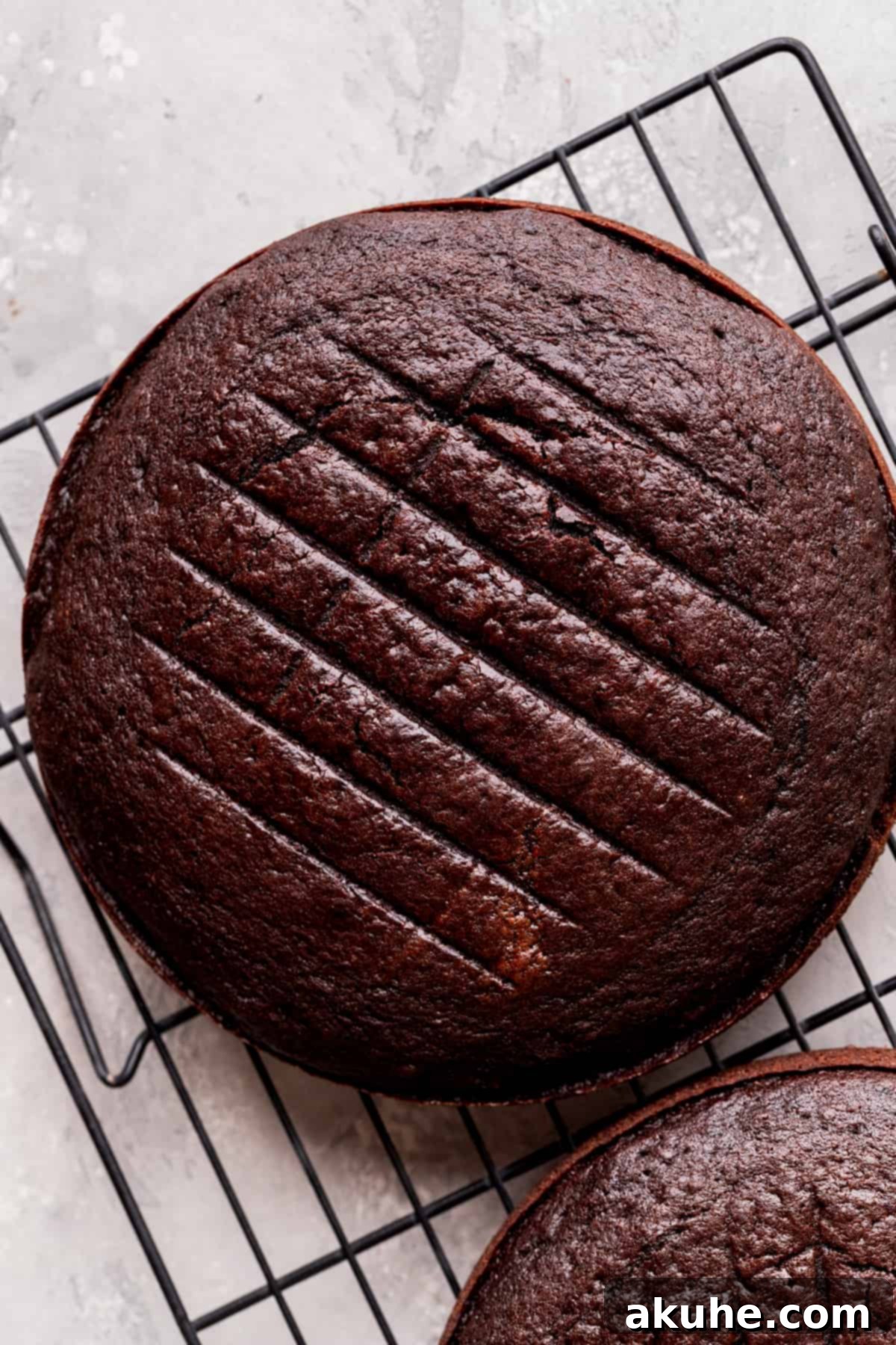 Decadent Chocolate Raspberry Delight 6 Baked chocolate cake layers on a wire rack.