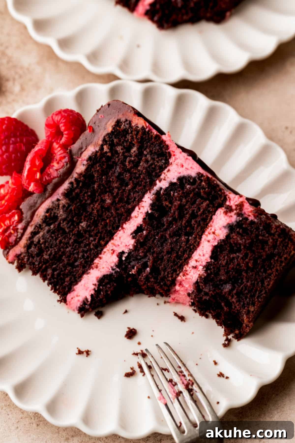 Decadent Chocolate Raspberry Delight 10 Bite missing from cake slice.