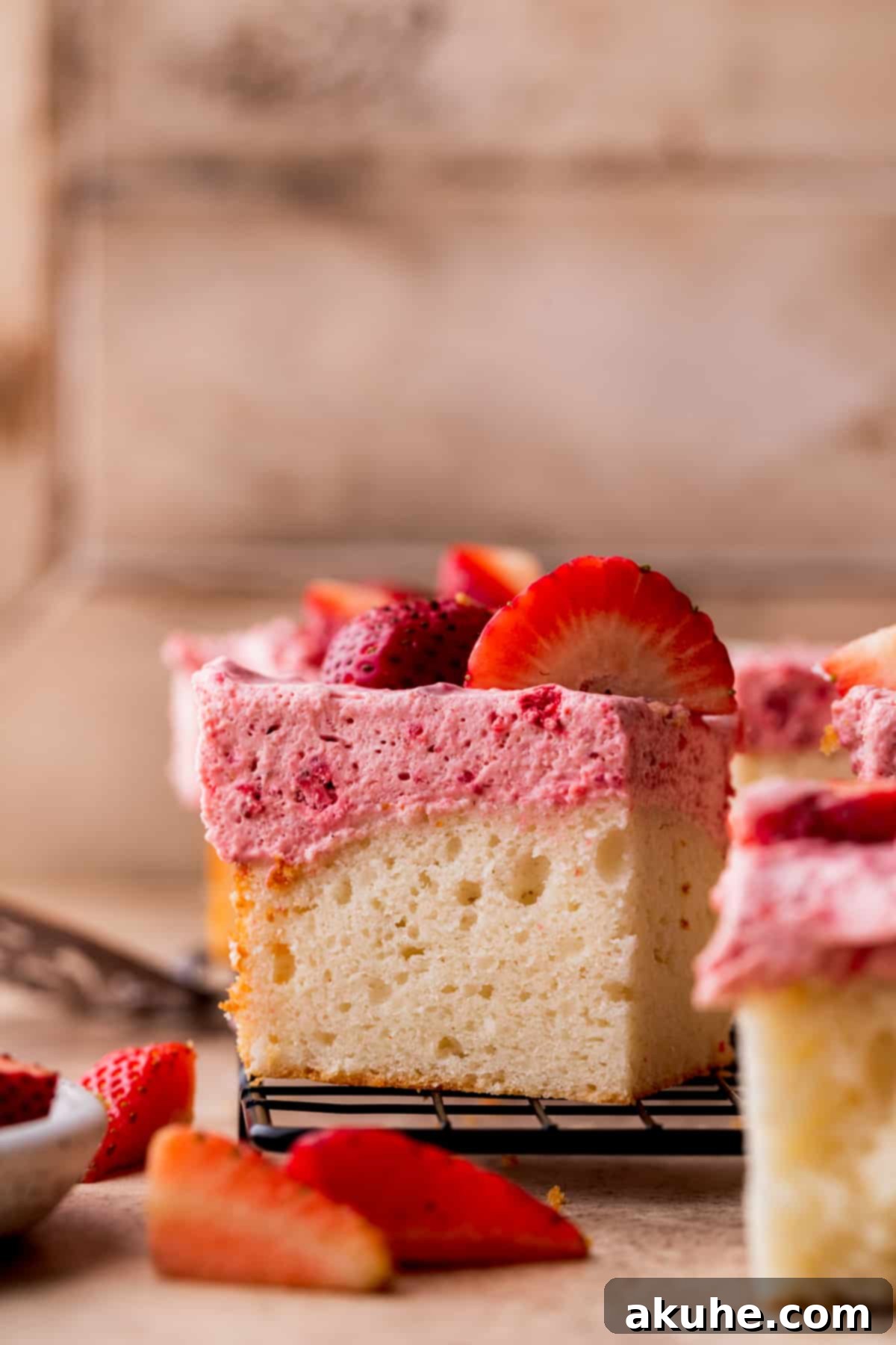 A beautiful side view of a slice of strawberry mousse cake, highlighting the distinct layers of white cake and fluffy pink mousse, adorned with a fresh strawberry.