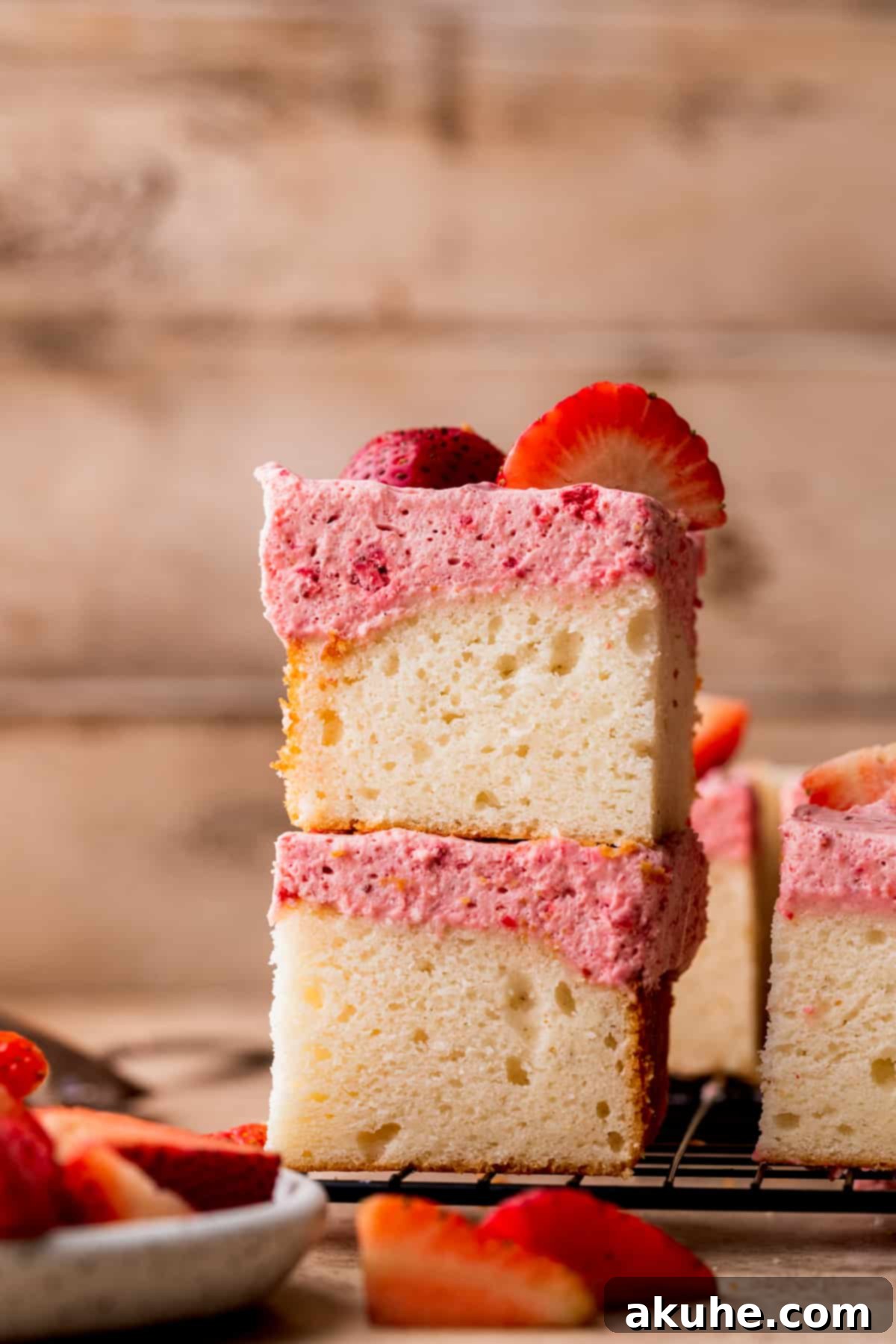 Two perfectly layered slices of strawberry mousse cake stacked elegantly, showcasing the airy white cake and creamy pink mousse, topped with fresh strawberries.