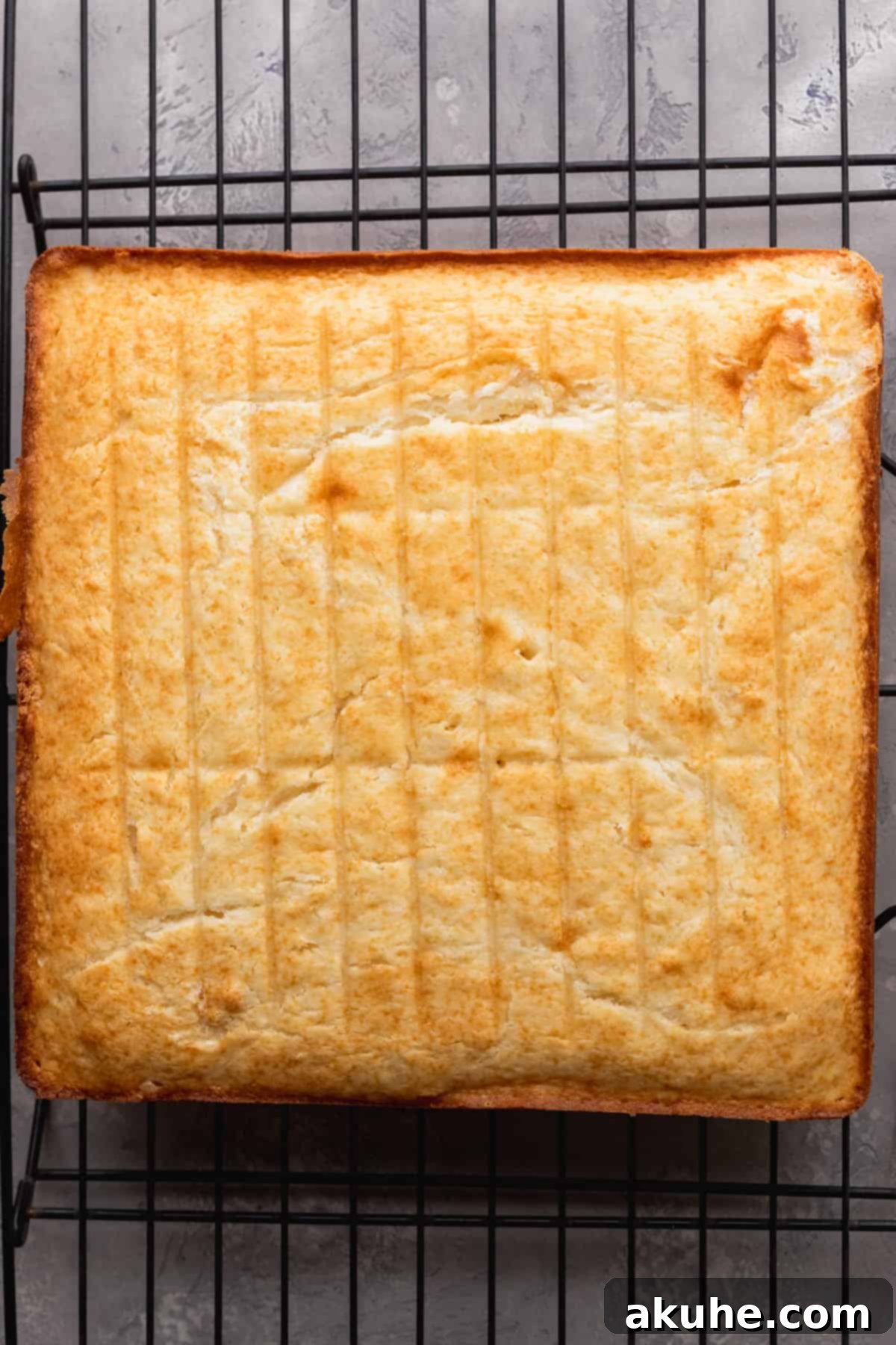 A golden-brown baked white cake cooling on a wire rack, ready for the next steps in creating the strawberry mousse cake.