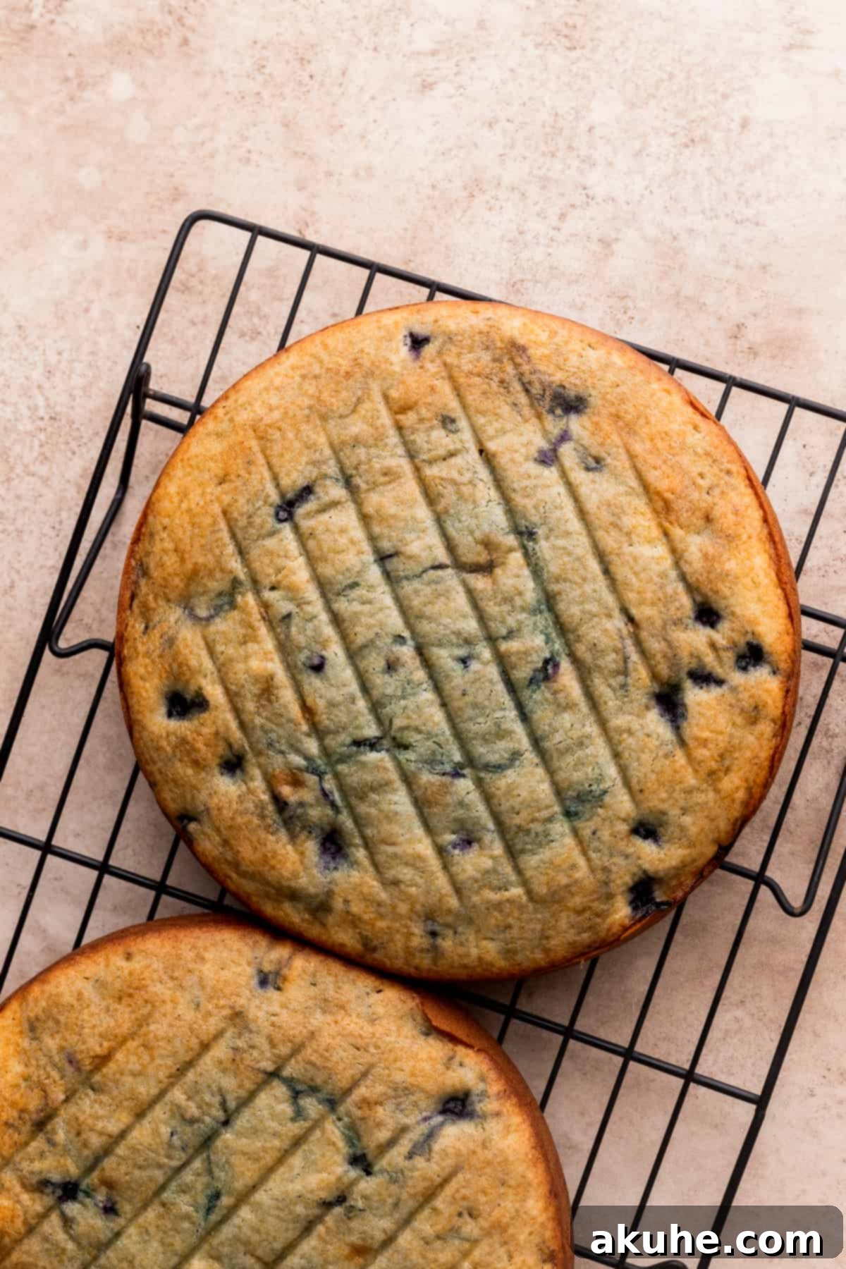 Bursting Berry Bliss 8 Freshly baked golden cake layers cooling on a metal wire rack.