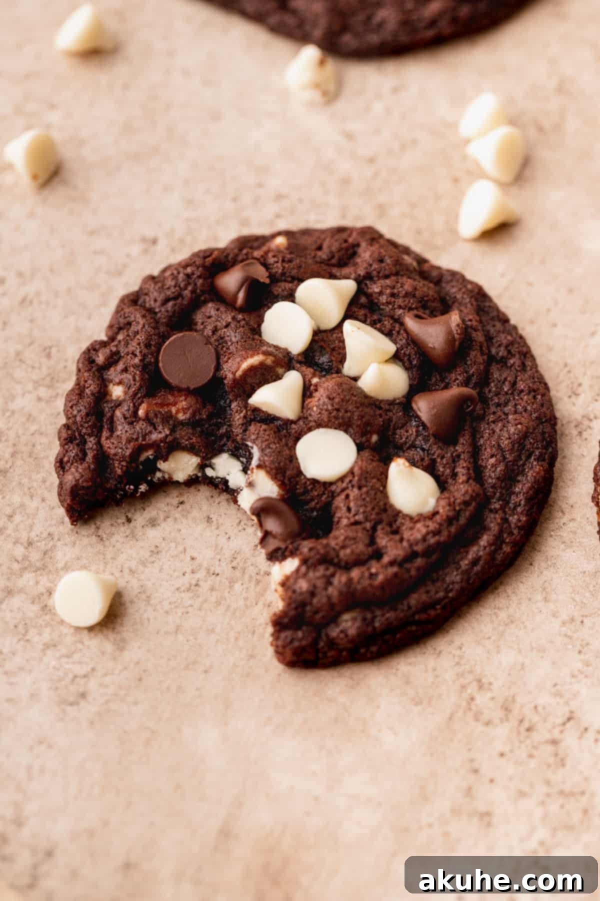 Decadent Double Chocolate White Chip Cookies 6 A close-up of a white chip double chocolate cookie with a bite taken out, showing its moist, fudgy texture and embedded chips.