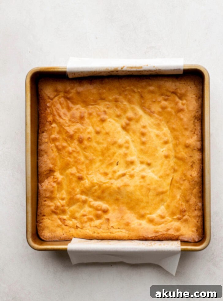 Zesty Lemon Brownies 7 Freshly baked lemon brownies in a pan, showing a golden top crust.