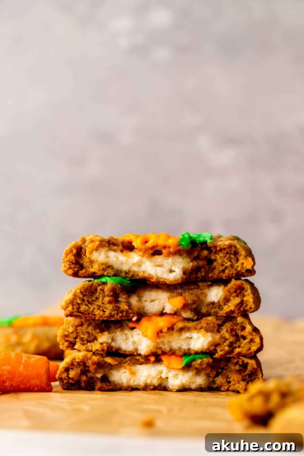 Stack of two carrot cake cookies split in half, showing the creamy filling.