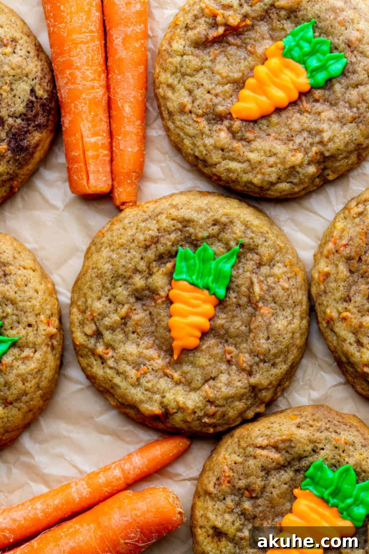 Top view of beautifully decorated carrot cake cookies with piped frosting carrots.