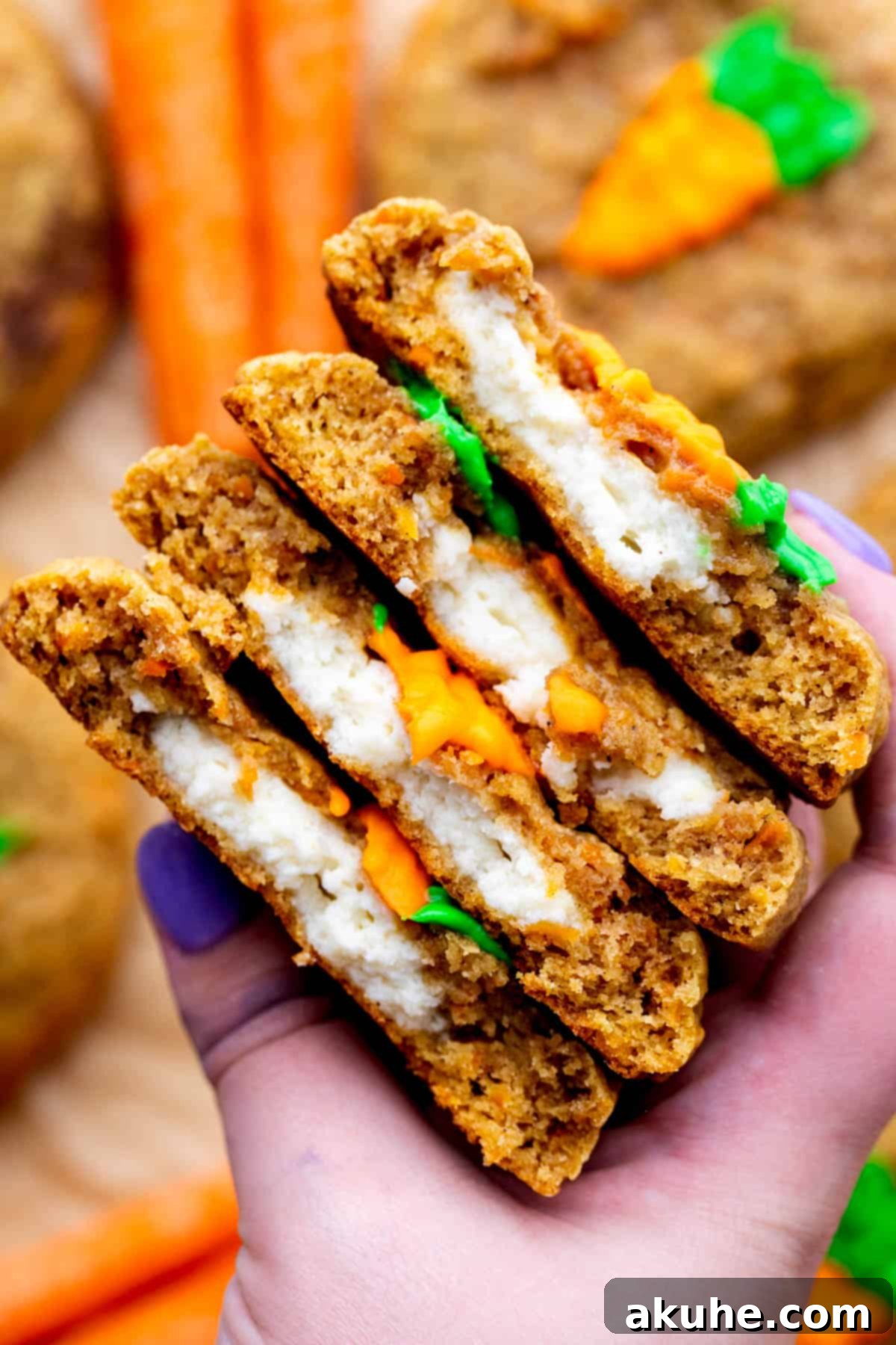 Holding two carrot cake cookies, one split to reveal the delicious filling.
