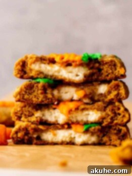 Stack of two carrot cake cookies split in half.