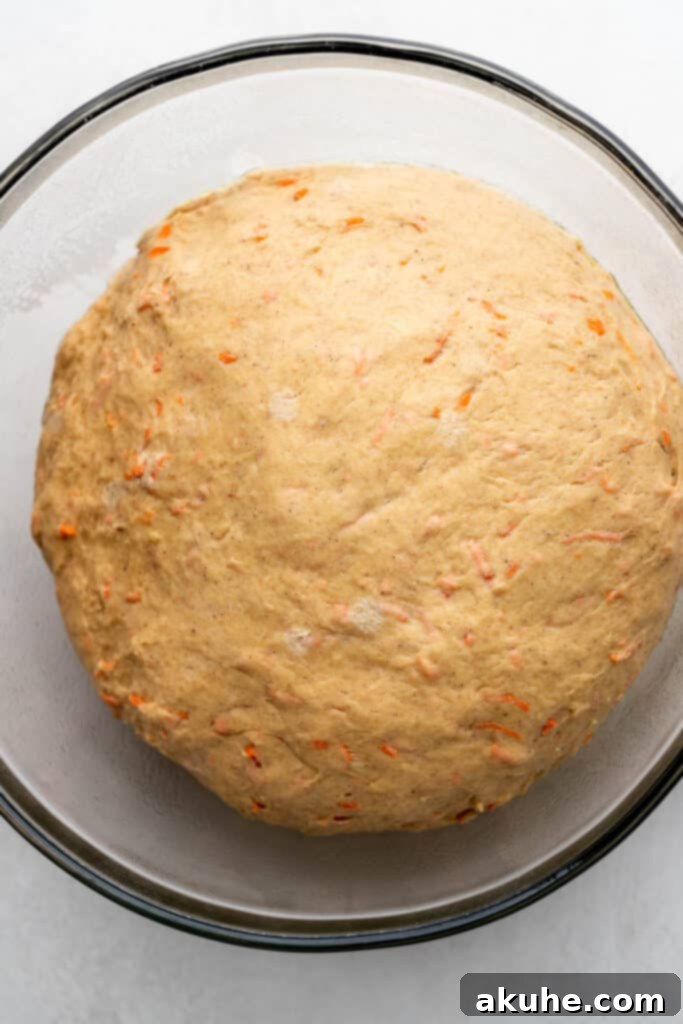 Carrot Cake Cinnamon Swirls 4 Dough that has risen in a glass bowl, clearly doubled in size.