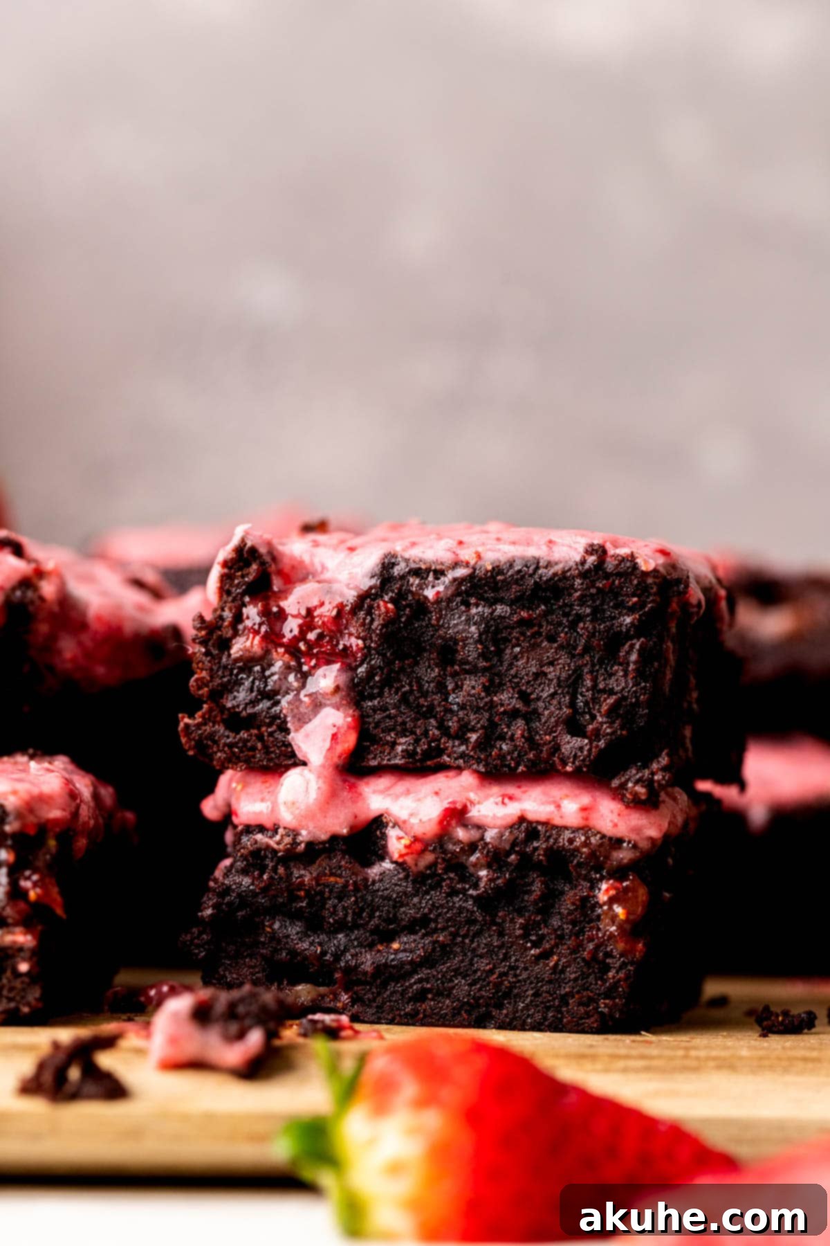 Decadent Strawberry Brownies 2 Stack of two strawberry brownies.