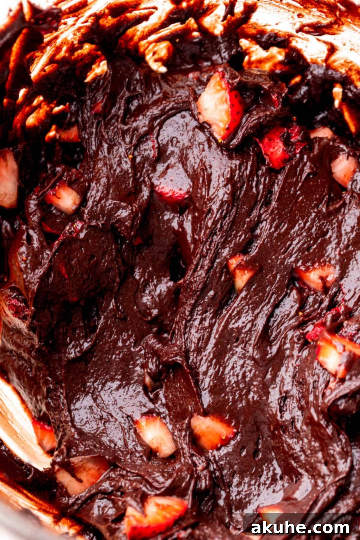 Decadent Strawberry Brownies 7 Close up of brownie batter.