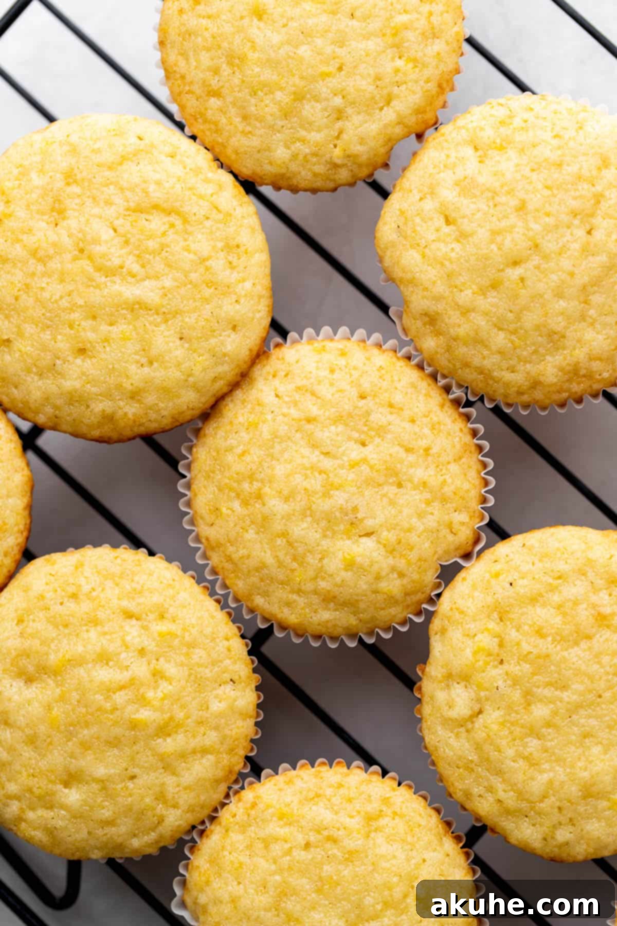 Freshly baked lemon cupcakes cooling on a wire rack after being removed from the tin.
