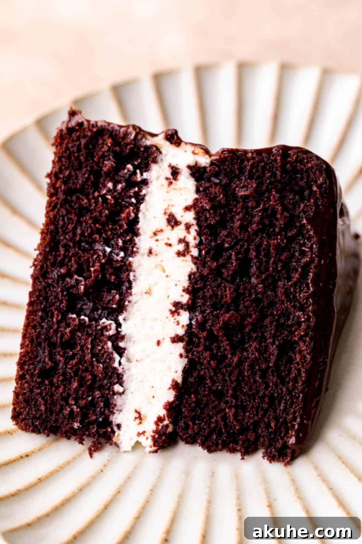 Creamy Chocolate Fudge Cake 11 One slice of cake on a plate.