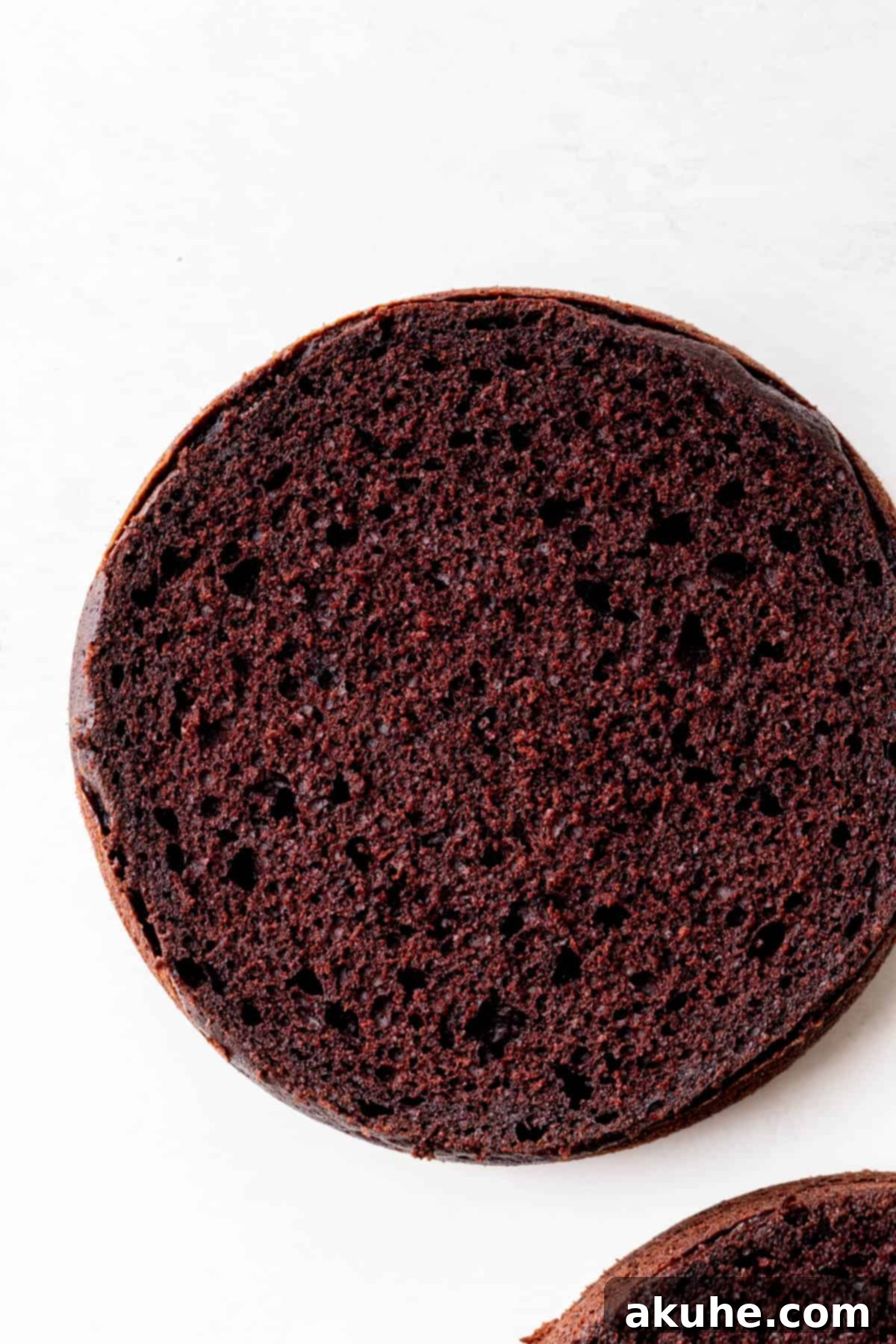 Creamy Chocolate Fudge Cake 6 Baked cake layers with the top cut off.