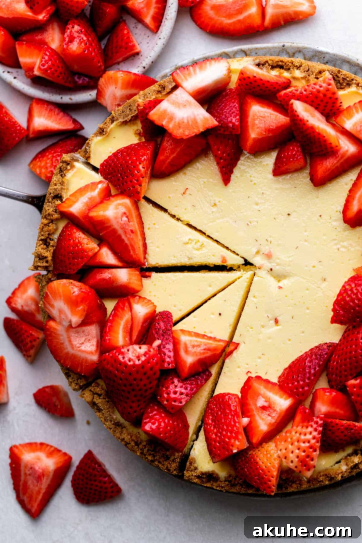 Decadent Gluten-Free Cheesecake 2 Three pieces cut into the gluten free cheesecake, showing its creamy texture and golden crust.