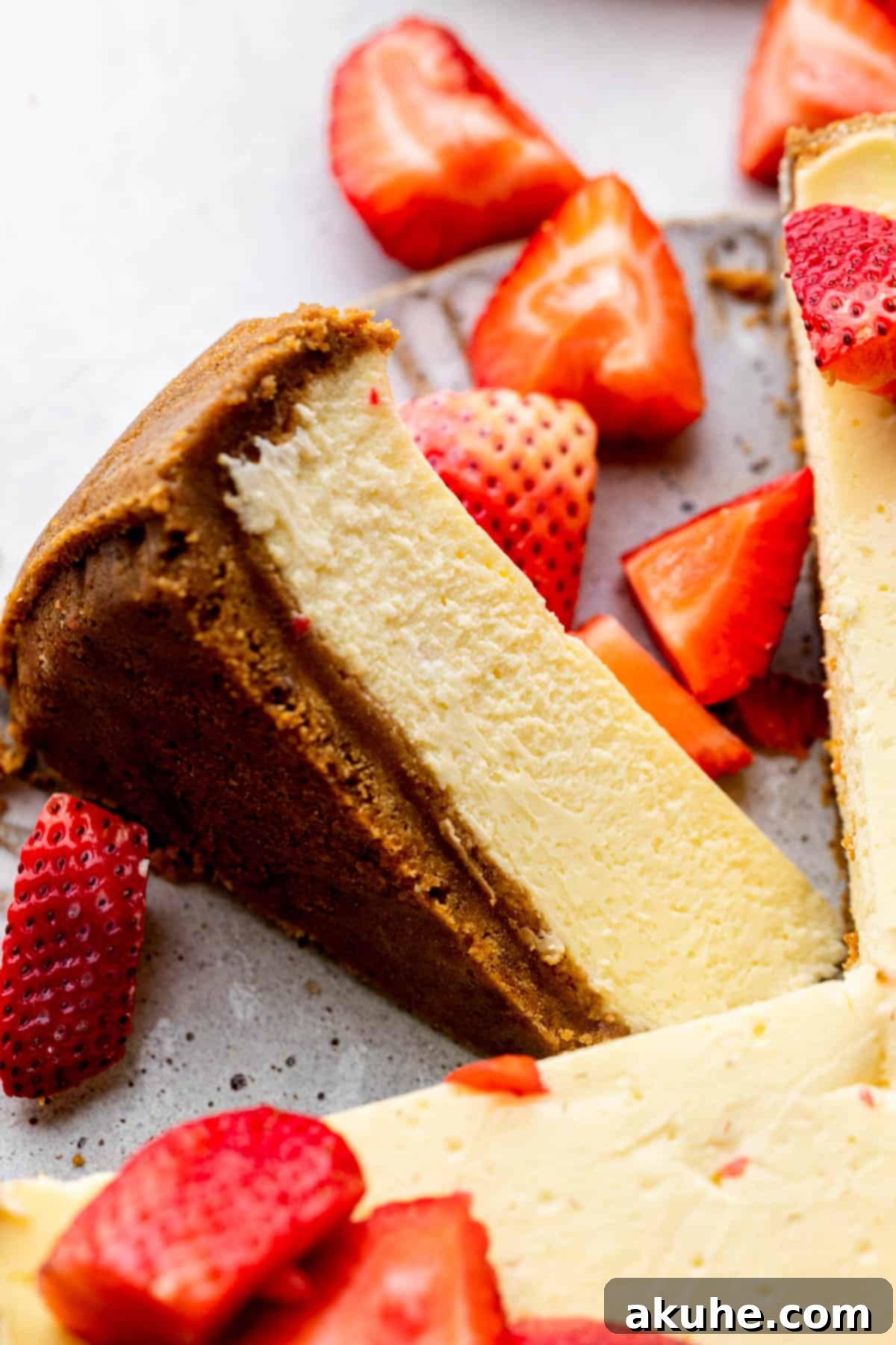 Decadent Gluten-Free Cheesecake 11 One perfect slice of gluten-free cheesecake resting delicately on its side, ready to be enjoyed.