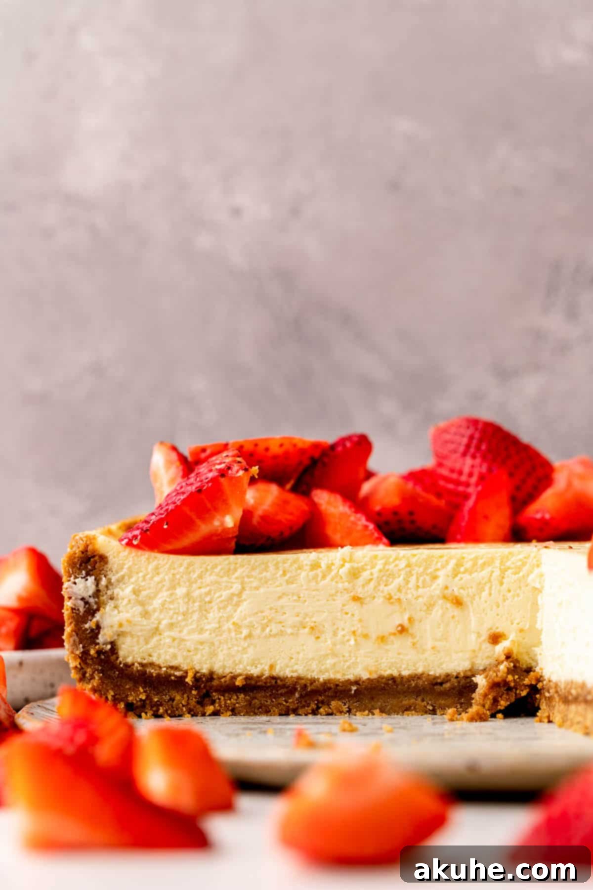 Decadent Gluten-Free Cheesecake 3 Close up of the perfectly smooth, golden-brown sides of the baked gluten-free cheesecake.