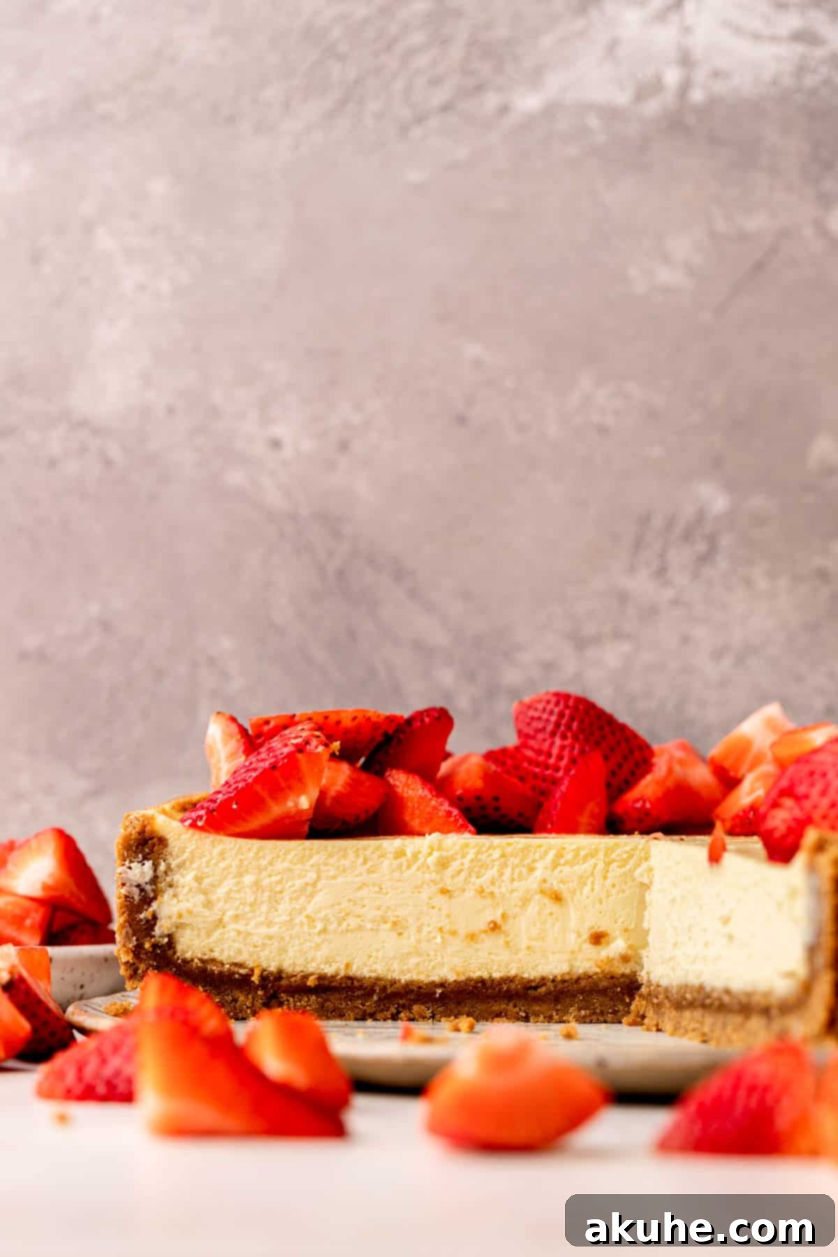 Decadent Gluten-Free Cheesecake 10 Side view of the gluten free cheesecake on a white plate, showcasing its tall, elegant structure and perfect crust.