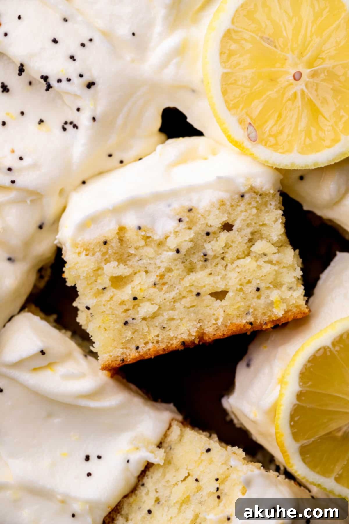 Bright Lemon Poppy Seed Cake 8 A single, perfect slice of lemon poppy seed cake, showing its fluffy texture and rich lemon cream cheese frosting.