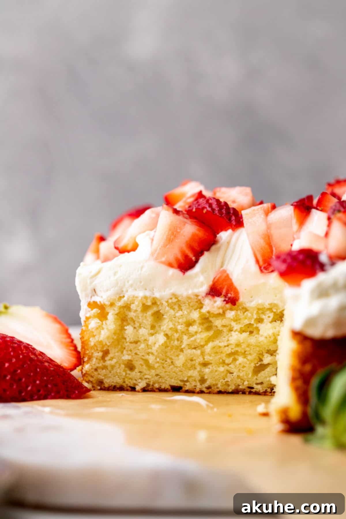 Side view of strawberry shortcake with a thick layer of whipped cream and fresh strawberries.