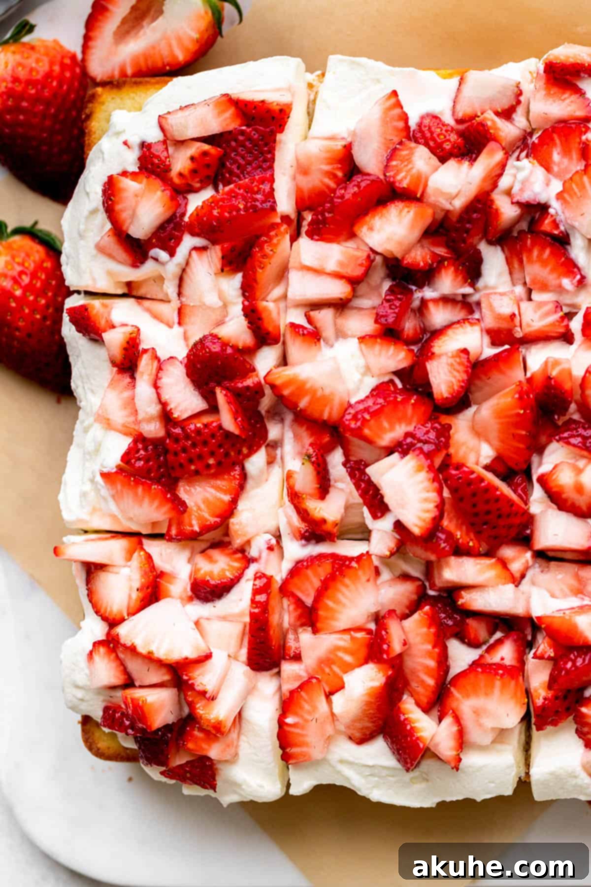 Strawberry shortcake cut into slices, showcasing layers of cake, whipped cream, and fruit.