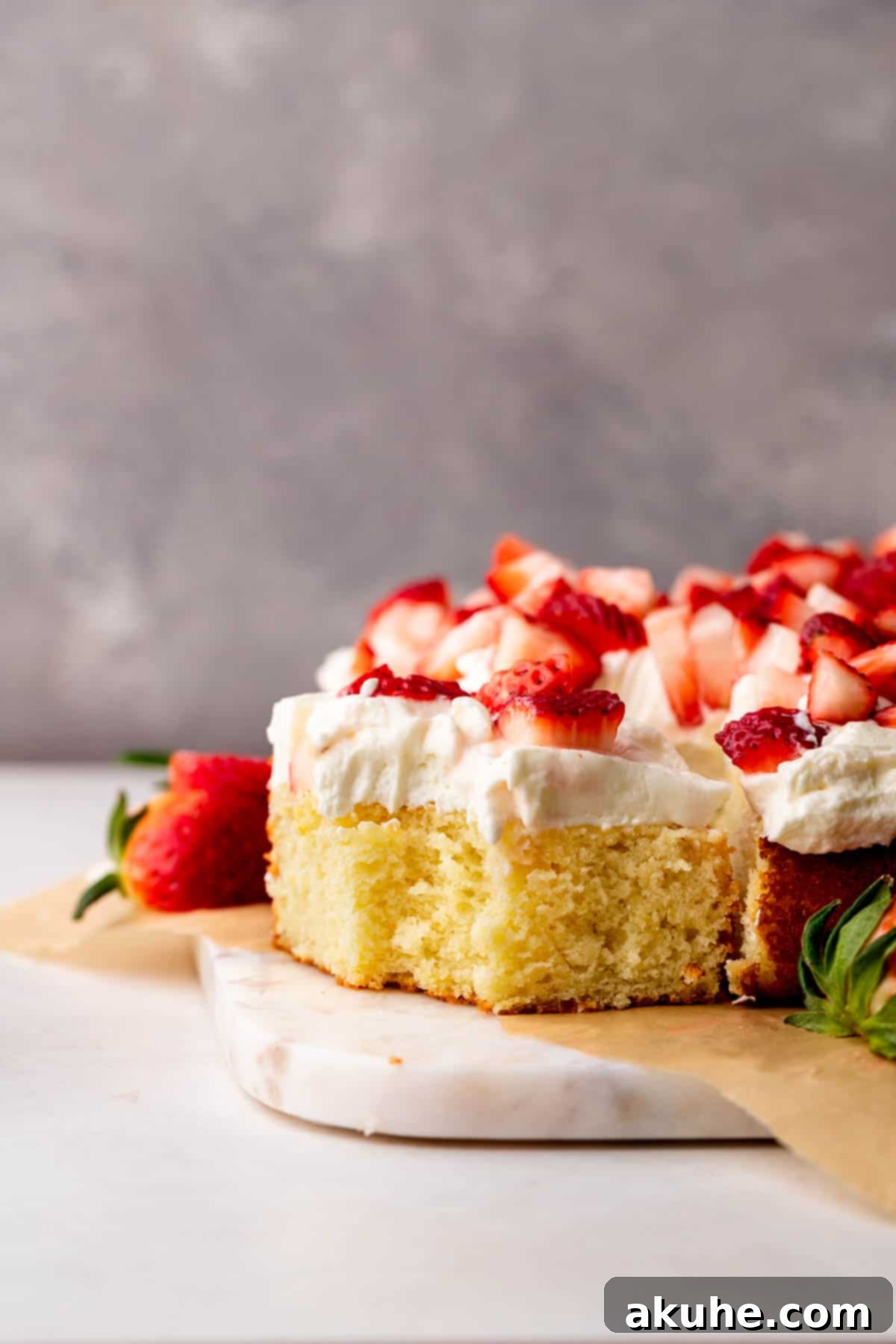 A slice of strawberry shortcake with a bite taken out, showing the layers.