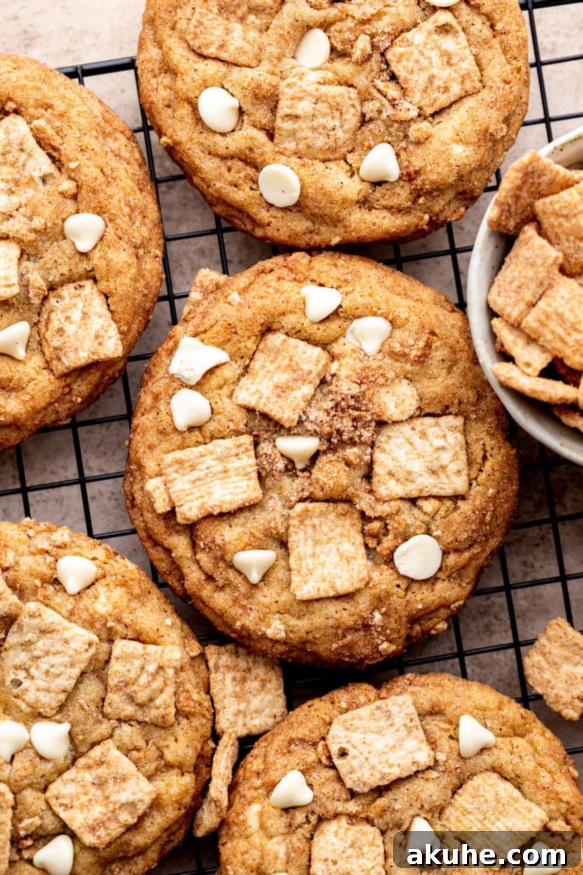 Crunchy Cinnamon Toast Cereal Cookies 3 Top view of warm Cinnamon Toast Crunch cookies cooling on a wire rack.