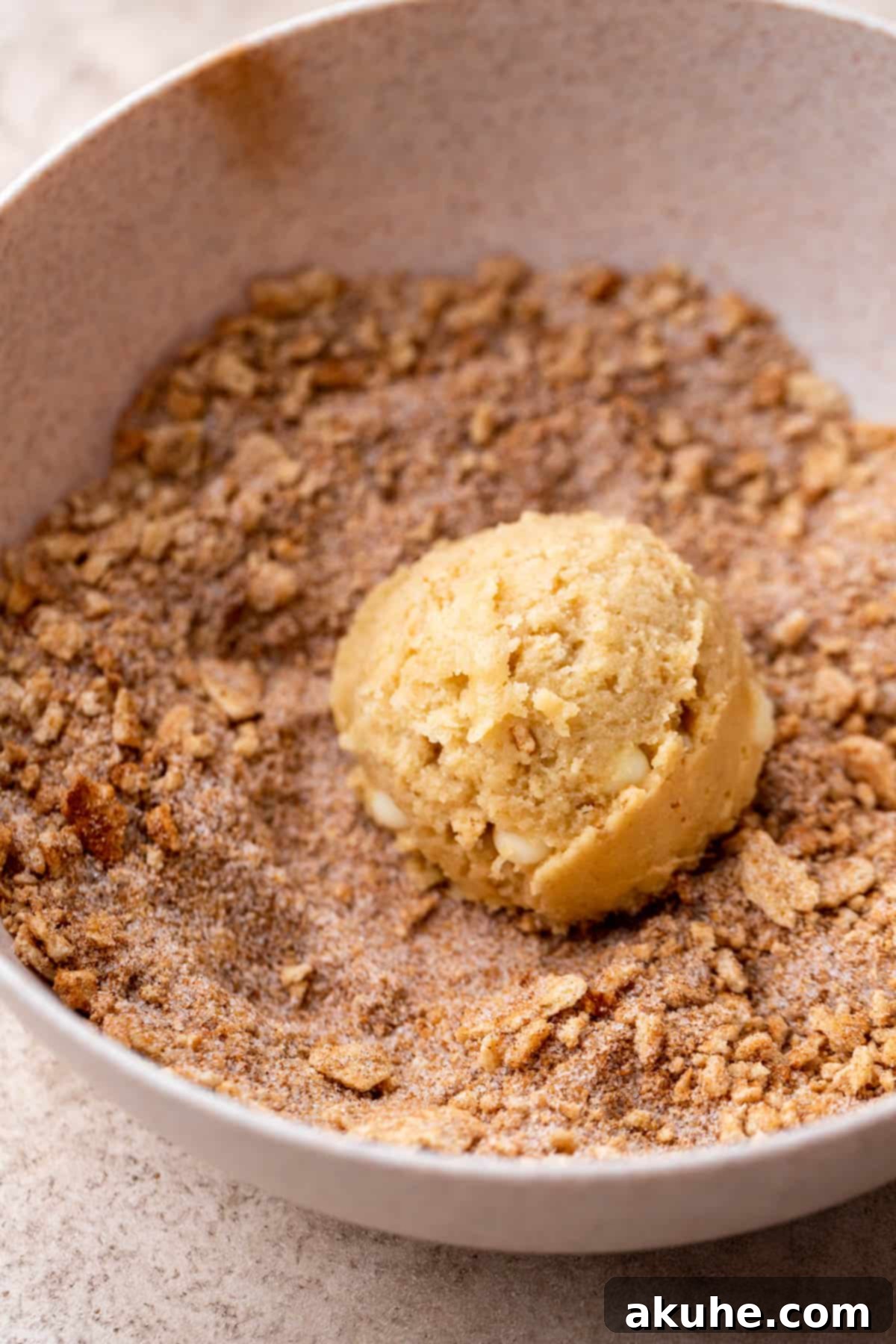 Crunchy Cinnamon Toast Cereal Cookies 7 One cookie dough ball being rolled in a bowl of cinnamon sugar and cereal crumbs.