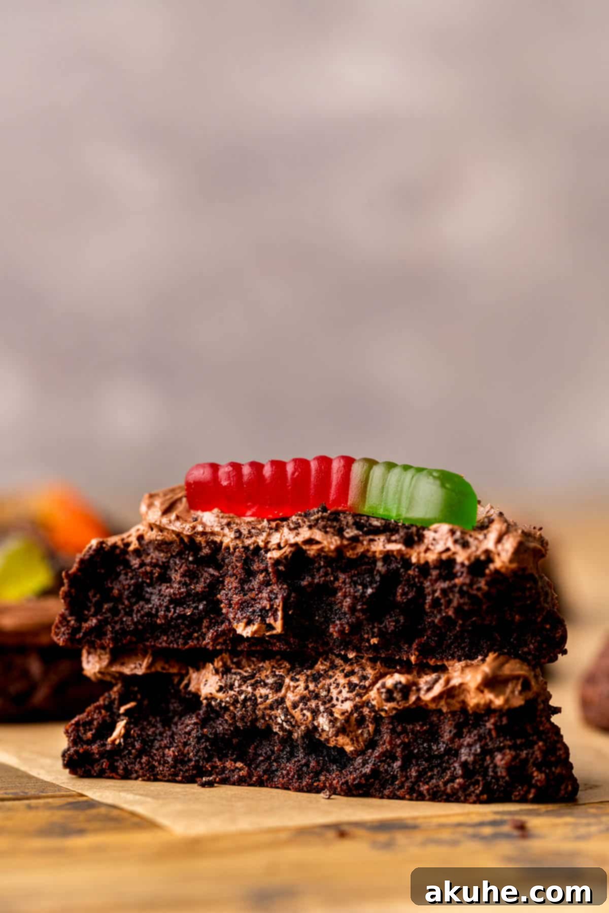 One Dirt Cake Cookie split in half, revealing the chewy chocolate interior.