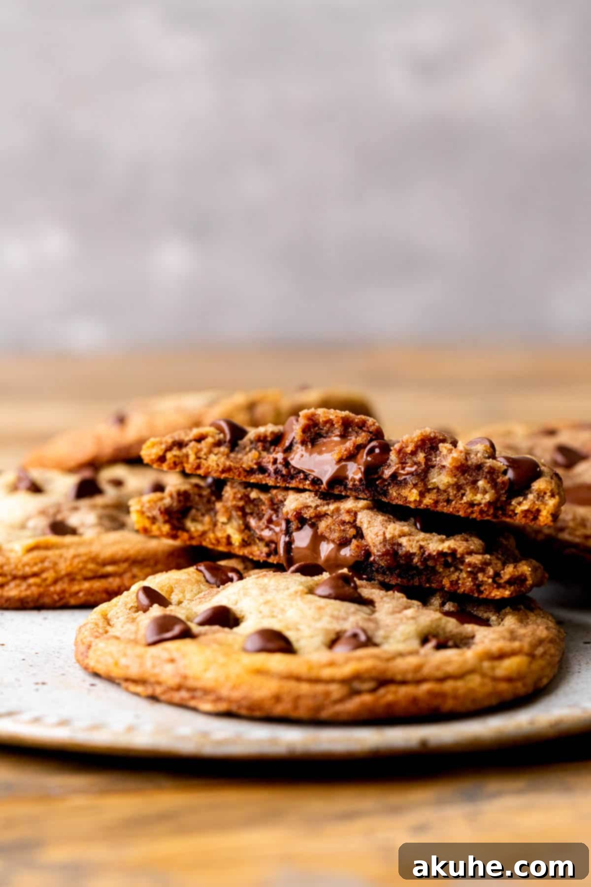 Swirled Nutella Delights 10 One Nutella cookie split in half, placed atop a stack of other whole cookies, showcasing the melted center.