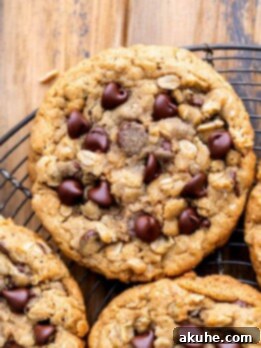Oatmeal chocolate chip cookies in a wire rack.