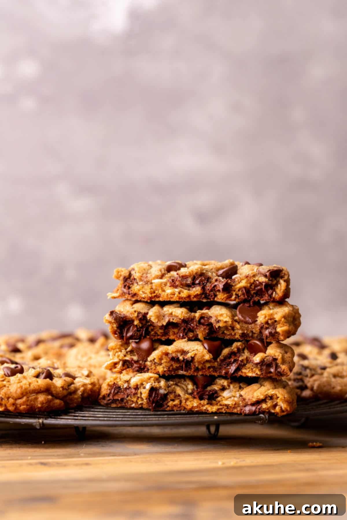 Stack of two oatmeal chocolate chip cookies, one split in half to reveal its chewy interior.