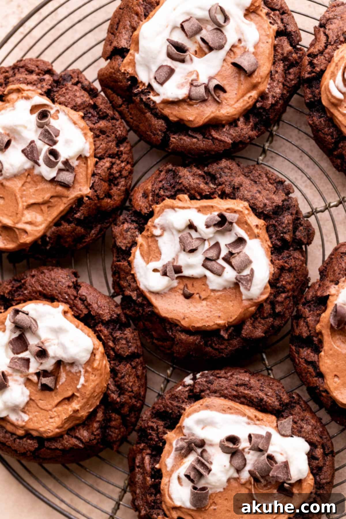 Top view of French Silk Pie Cookies, showcasing the chocolate cookie base, chocolate mousse, and whipped cream topping.