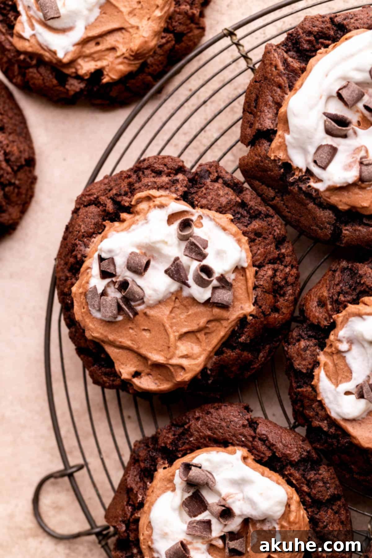 Close-up top view of a single French Silk Pie Cookie with perfect swirl of whipped cream.