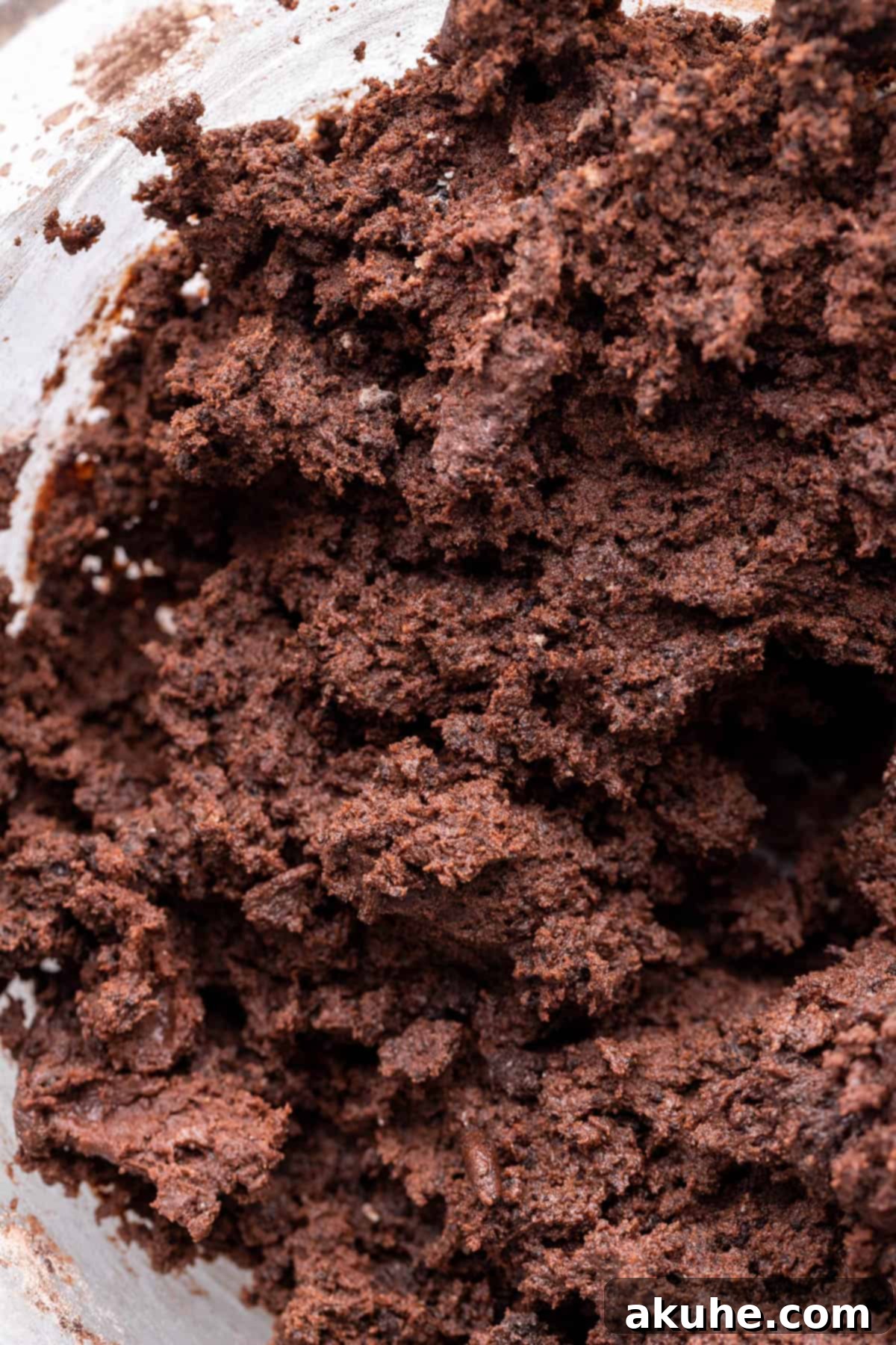 Thick, dark chocolate cookie dough in a glass bowl after dry ingredients are added.