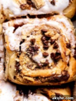Gooey S'mores Cinnamon Buns 11 Top view of S'mores Cinnamon Rolls, showcasing the toasted marshmallow and melty chocolate.