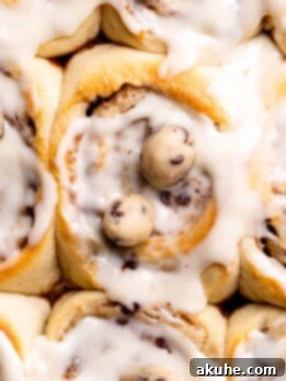 Cookie Dough Swirled Cinnamon Buns 13 Cookie dough cinnamon rolls close up.
