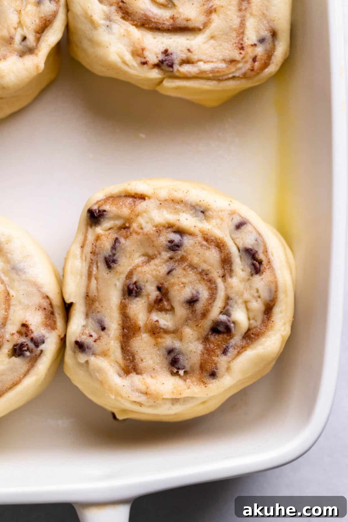 Cookie Dough Swirled Cinnamon Buns 8 Unbaked cinnamon rolls, risen and ready for the oven, in a baking pan.