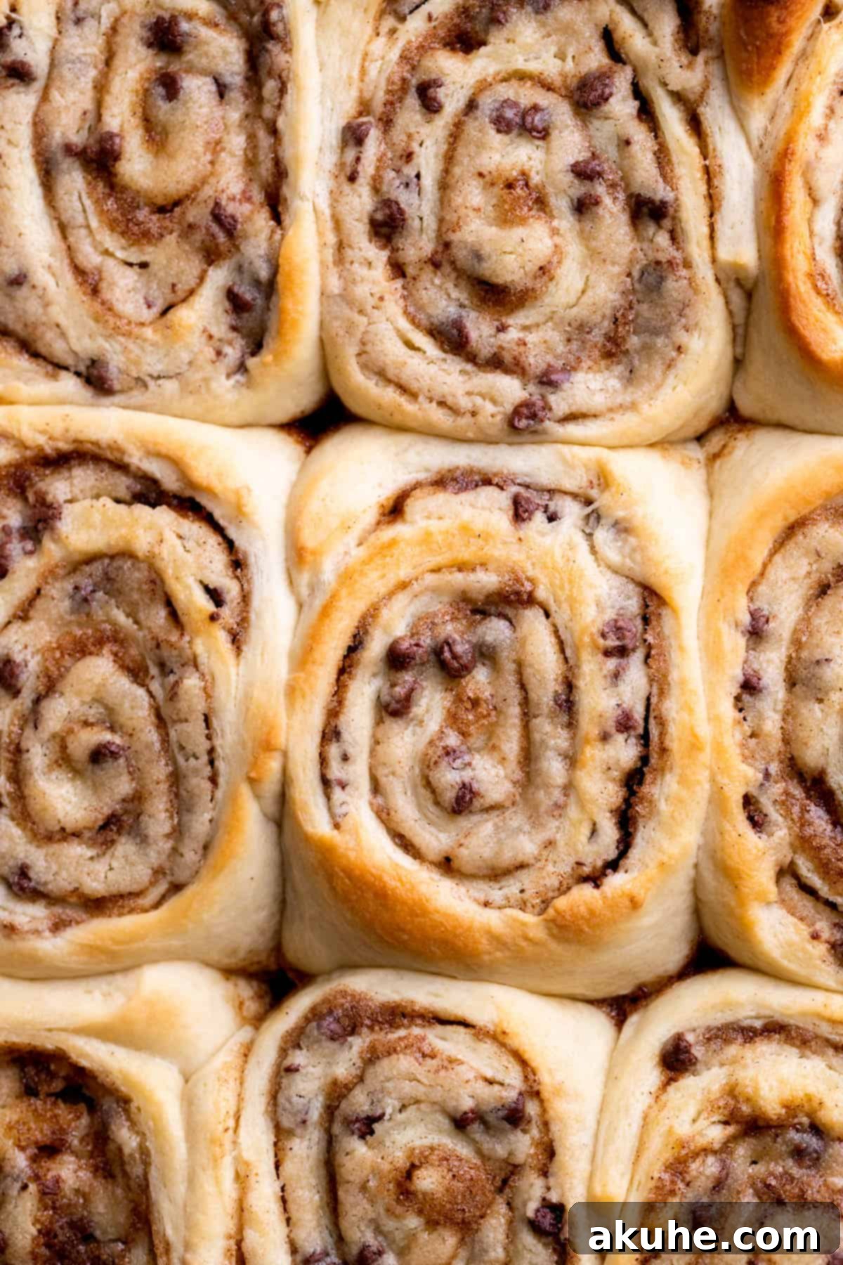 Cookie Dough Swirled Cinnamon Buns 10 Baked and golden-brown cinnamon rolls fresh out of the oven in a pan.