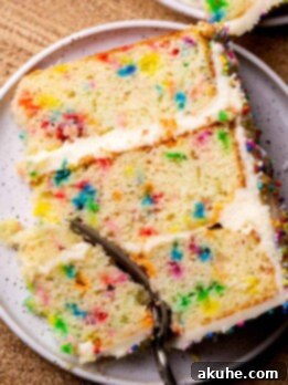 Festive Sprinkled Cake 11 Fork inserted into a cake slice on a plate.