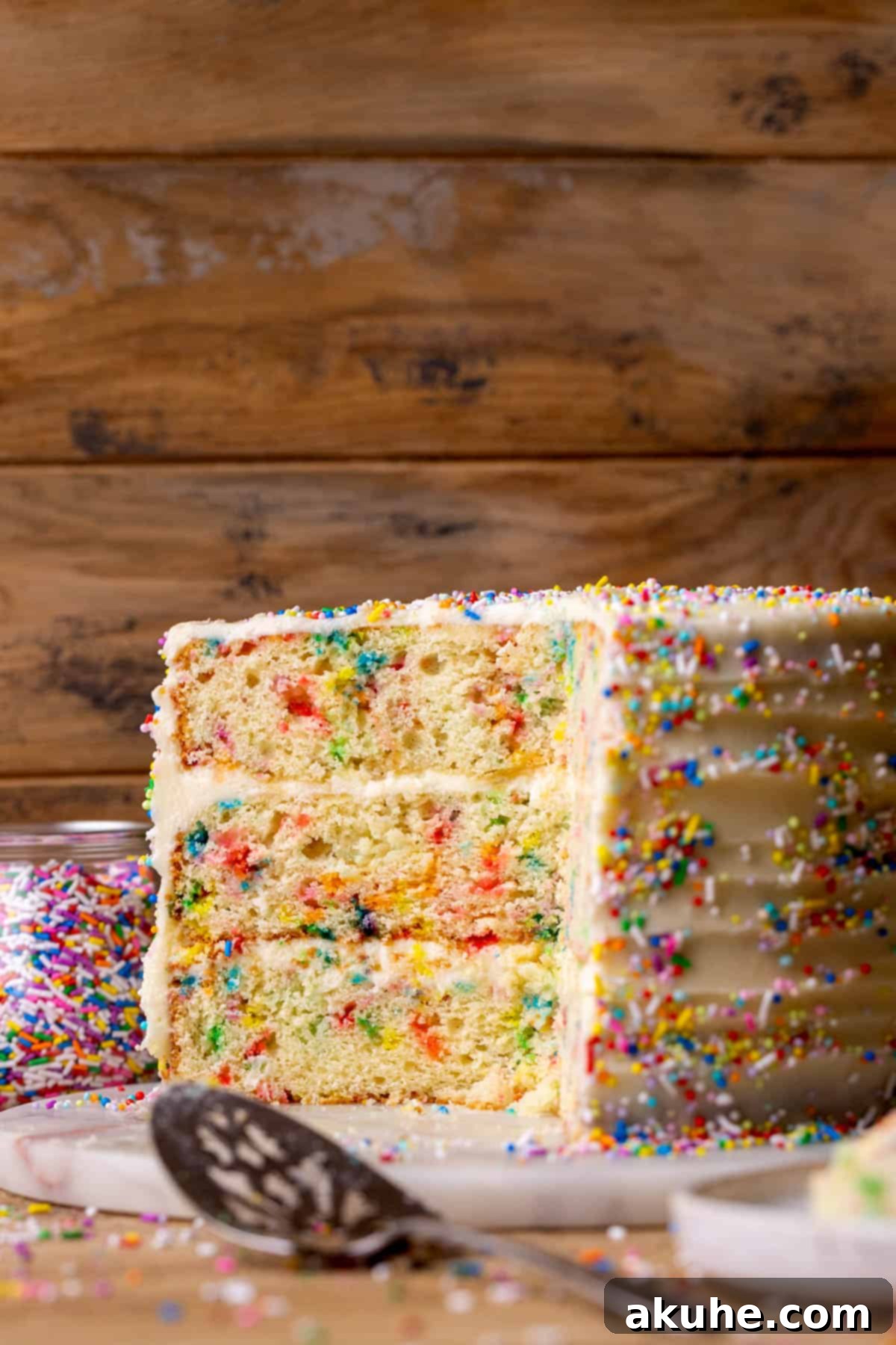 Festive Sprinkled Cake 3 Side view of a perfectly frosted Funfetti cake, showing the distinct colorful layers and smooth cream cheese frosting.