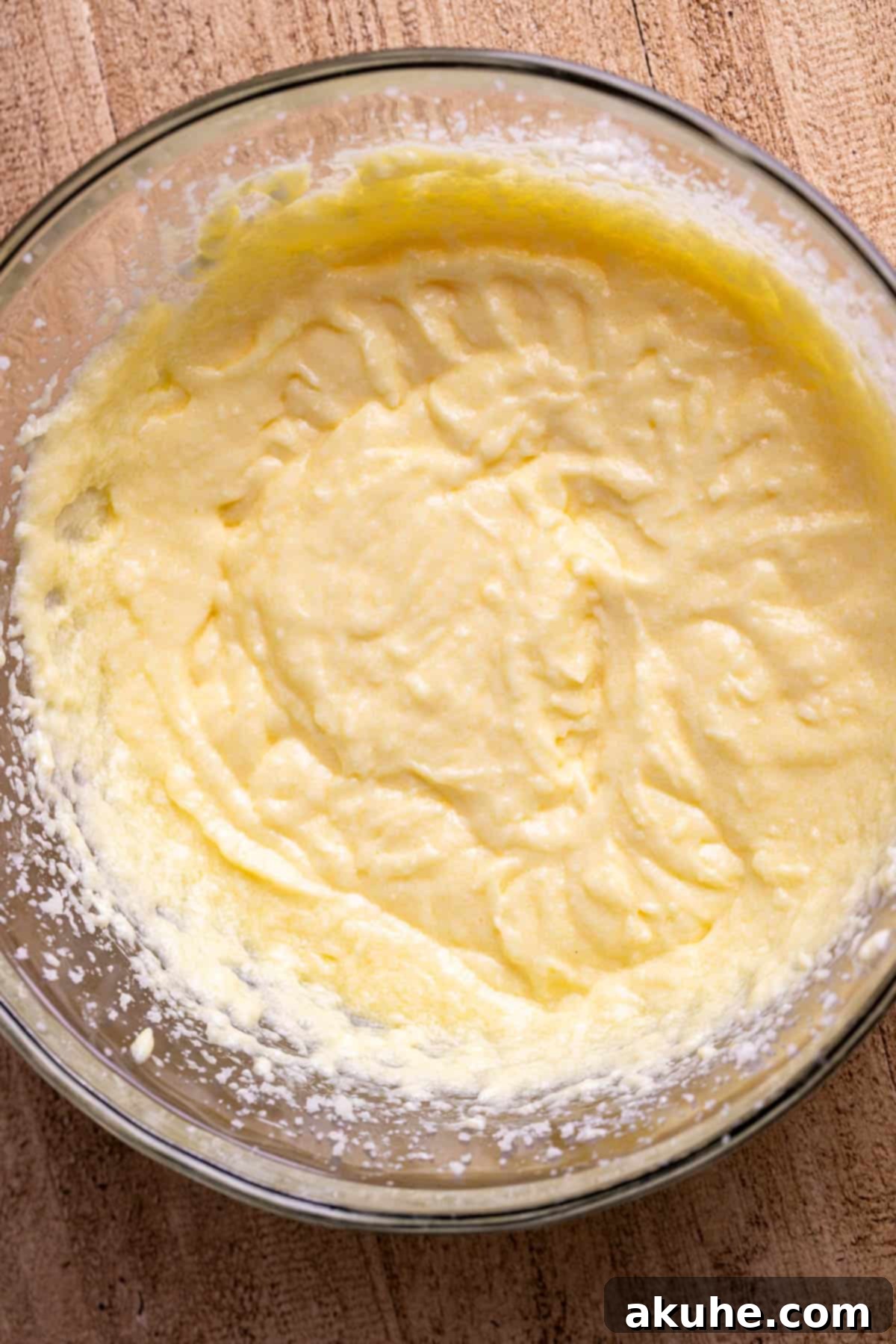 Festive Sprinkled Cake 4 Close-up of wet ingredients being mixed in a bowl, a creamy yellow mixture.
