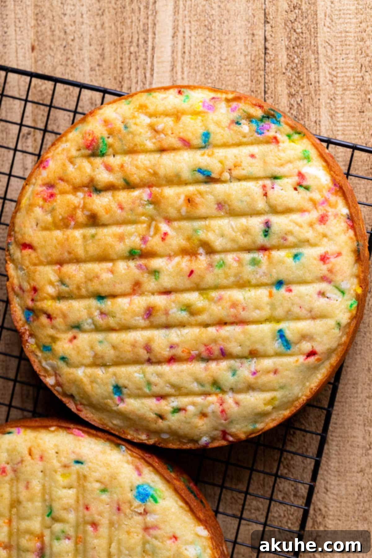 Festive Sprinkled Cake 6 Three golden-brown funfetti cake layers cooling on a wire rack after baking.