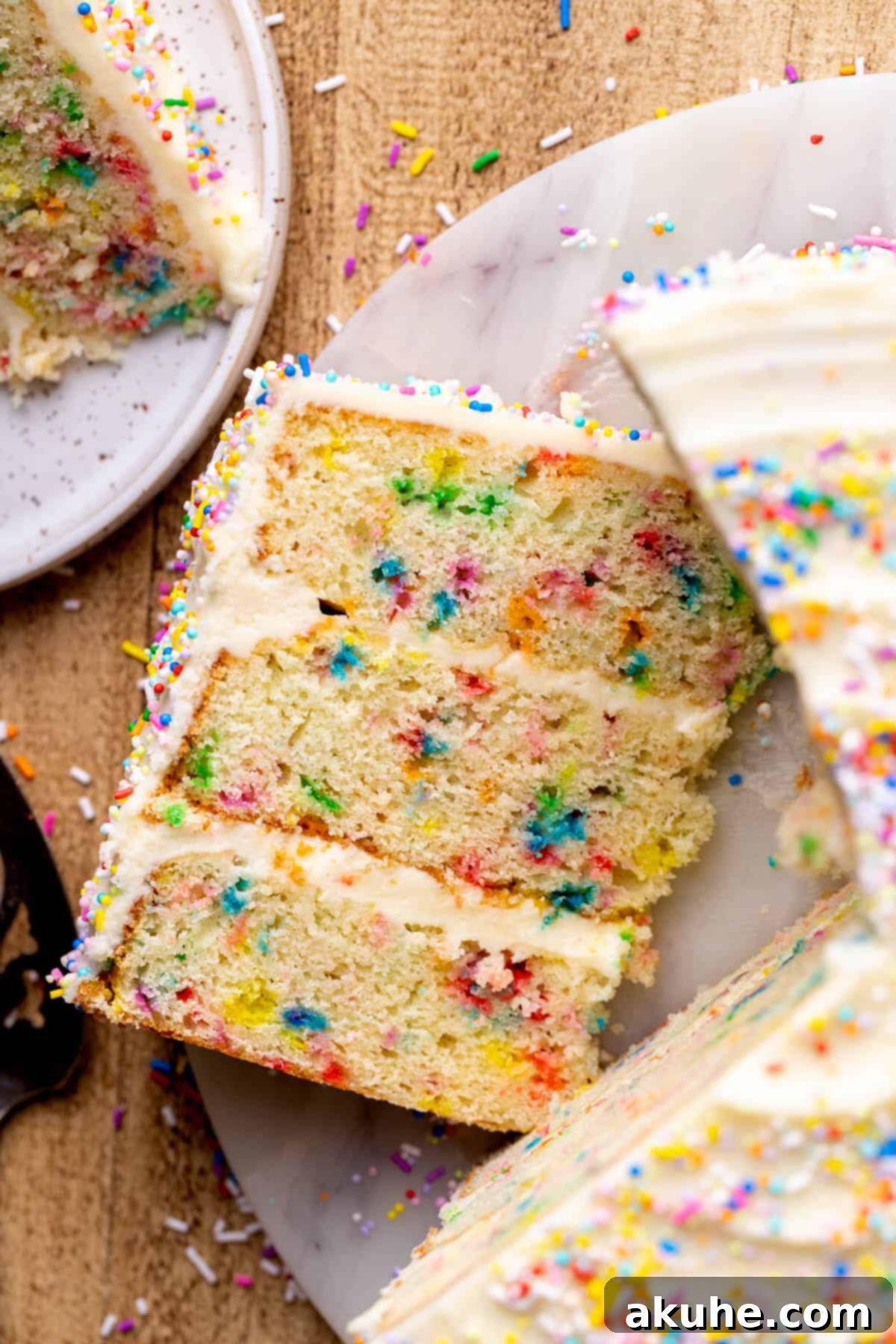 Festive Sprinkled Cake 10 A single, perfect slice of funfetti cake with cream cheese frosting and sprinkles on a small white plate.