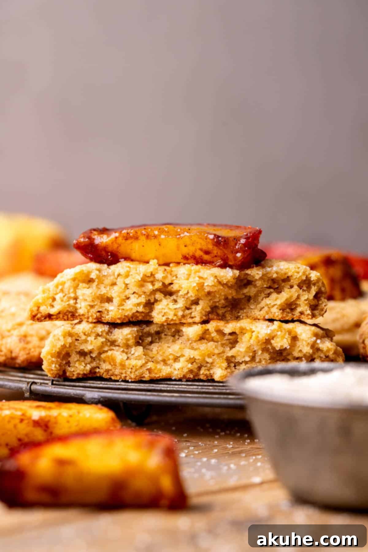 Sun-Kissed Peach Treats 3 A stack of one peach cookie split in half, revealing its moist, chewy interior and the delightful peach pieces embedded within.